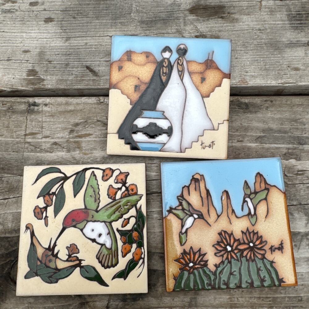 Mexican Tiles, Clay Pottery Southwest Style Decor Coasters Set of 3 Hummingbirds